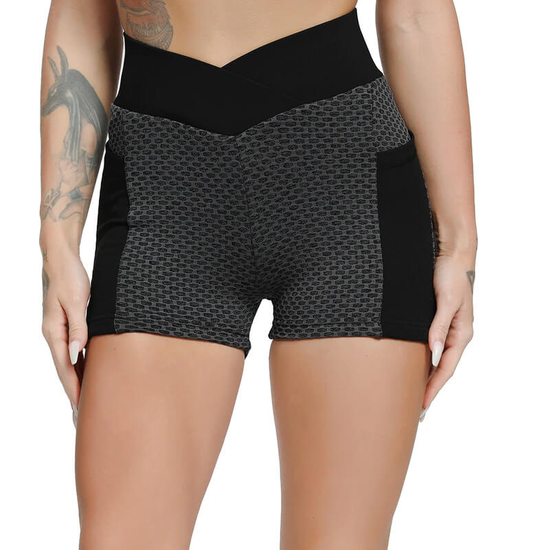 High-Waisted, Honeycomb Layered Workout Shorts With Pockets
