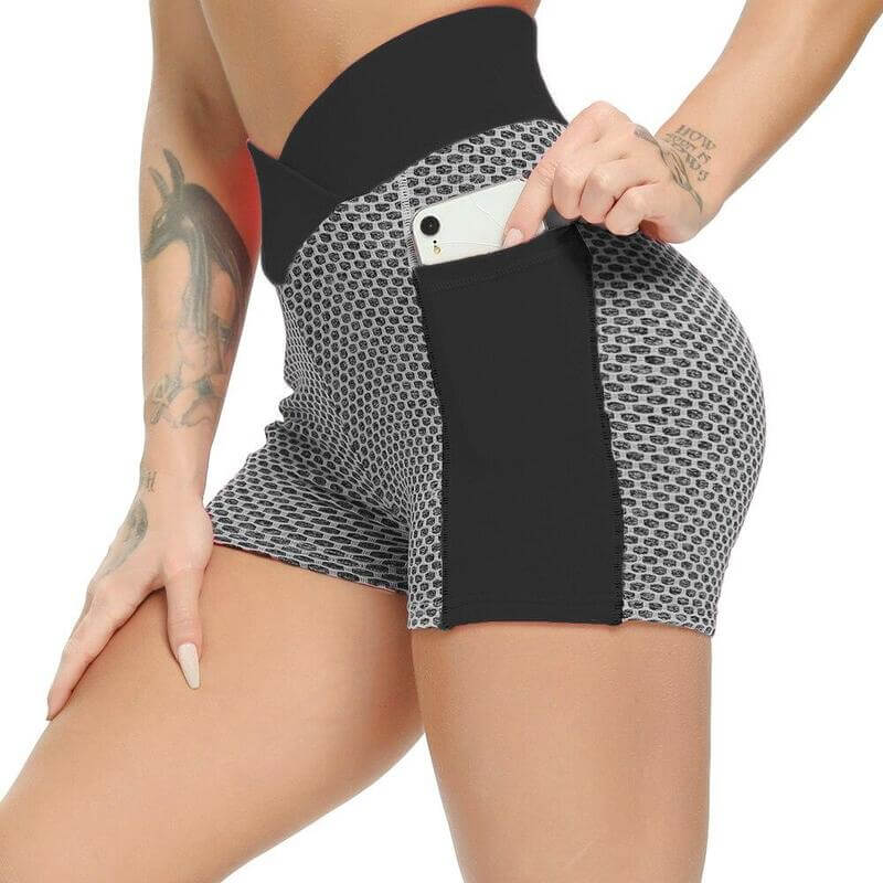 High-Waisted, Honeycomb Layered Workout Shorts With Pockets